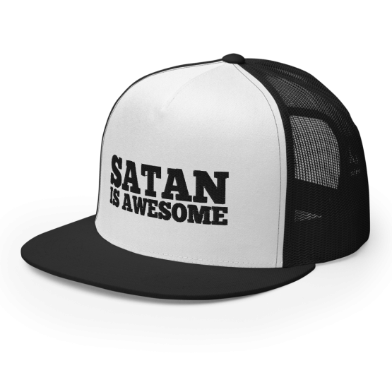 Satan Is Awesome Black and White Snapback Trucker Cap Side